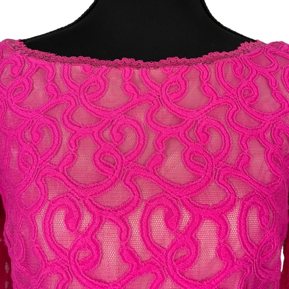 Hot Pink Lace Sheath Dress Long Sleeve V Neck Party Cocktail Sz 4 - Picture 4 of 10